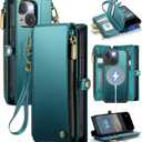 Defencase for iPhone 15 Magnetic Wallet Case Compatible with Magsafe with RFID Blocking Zipper & Card Holder for Women Men, PU Leather Strap Detachable Phone Case for iPhone 15 (6.1 inch), Blue Green