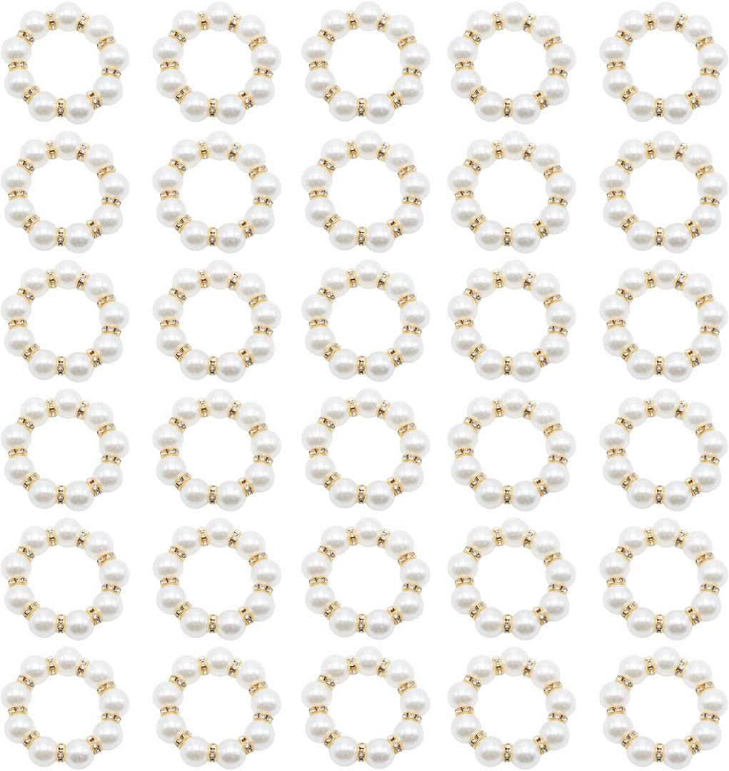 30 Pcs White Pearl Beaded Napkin Rings 1.9 Inch Stretched Rhinestone Napkin Holders, White and Gold