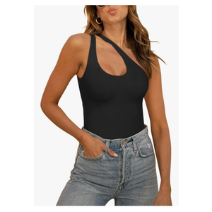 REORIA Butsmooth® Women's Trendy Sexy Plunge One Shoulder Sleeveless V Backless Going Out Tank Bodysuits Tops, Size S