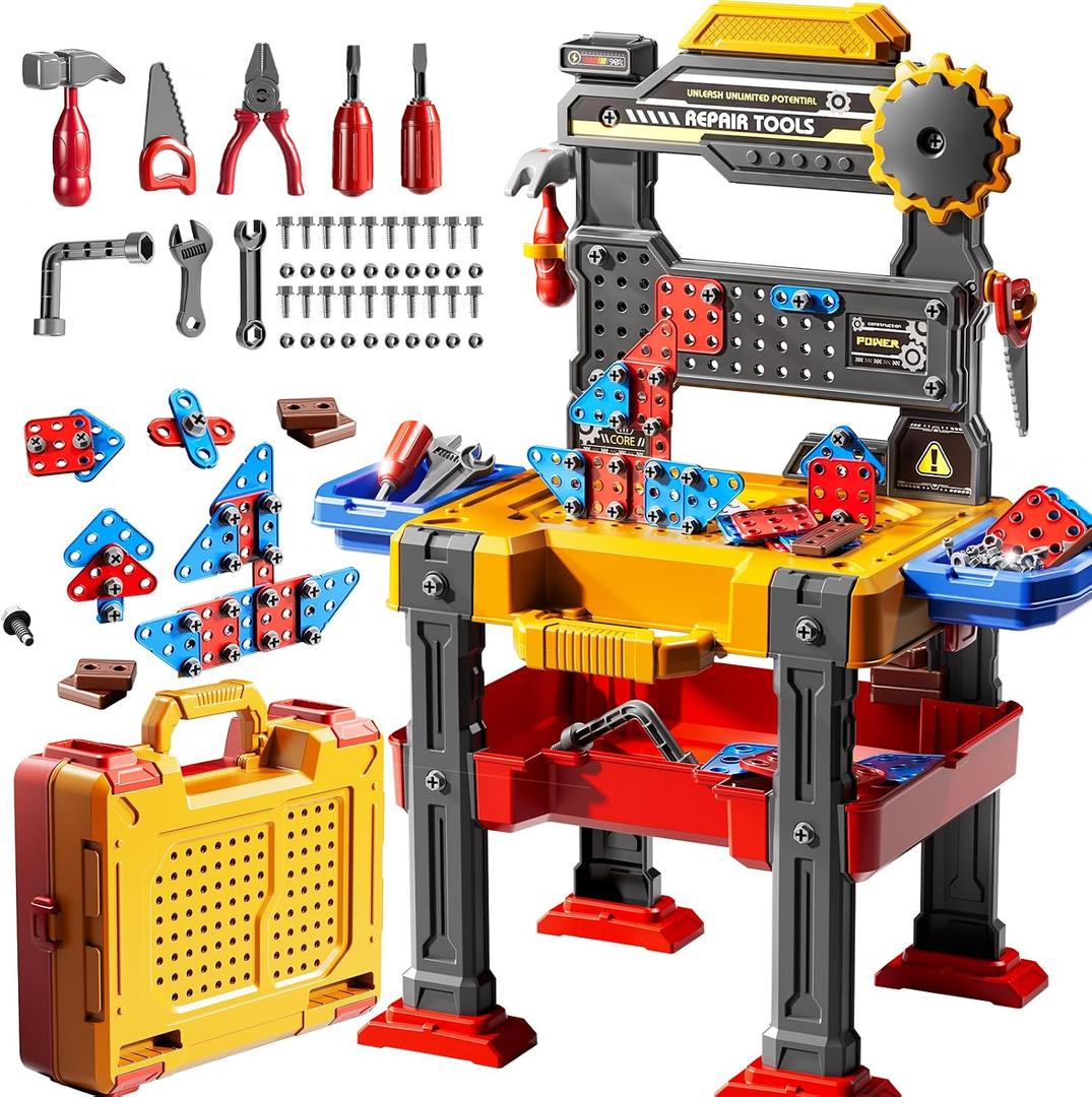2 in 1 Workbench Tools Toys Set with Sound for Toddlers Aged 3-5, 145 PCS Educational Construction Mechanic Toolbox for Boys Girls, Pretend Play Toys Birthday Gift for Kids 3 4 5 6 Years Old