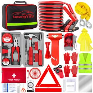 298PCS Roadside Emergency Car Kit- Car Emergency Kit with Jumper Cables, Roadside Emergency Kit for Vehicles, Emergency Car Kit, Car Safety Kits, Gloves,Tow Strap,Tool Kit,Reflective Warning Triangle (Red)