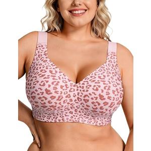 OEAK Womens Wireless Bras Supportive Seamless Full Coverage Bra Push Up Comfortable Bra No Underwire Everyday Tshirt Bras (Pink Leopard, Large)