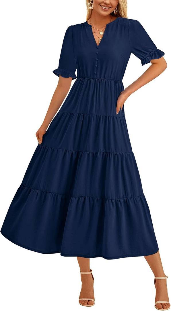 PRETTYGARDEN Women's Summer Casual Short Sleeve V Neck Midi Dresses 2025 Spring A-line Tiered Wedding Guest Dress