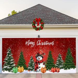 COSEVIER Christmas Garage Door Cover Banner, Red Snowman Forest Festival Large Hanging Backdrop, Merry Christmas Xmas Garage Wall Decorations for Holiday Party Dcor, 7x16 FT