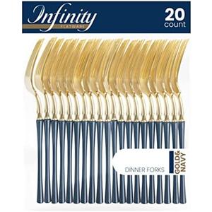 PlasticPro 20 Count Gold and Navy Plastic Dinner Forks Premium Quality Heavy Duty Disposable Elegant Silverware Two Tone Forks for Party