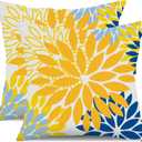 DFXSZ Yellow Blue Flower Pillow Covers 18x18 Inch Set of 2 White Gray Colored Throw Pillows Outdoor Waterproof Decor for Living Room Sofa Patio Funiture Garden Floral Polyester Pillow Covers 002J18