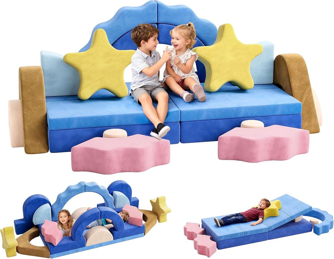 CoziBB 24Pcs Modular Kids Play Couch, Toddler Couch with Convertible and Multifunctional Foam for Inspiring Child Creativity, Kids Couch for Playroom Bedroom - Sea Theme