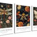 William Morris Canvas Wall Art Set of 3, Vintage Animal Bee Butterfly Dragonfly Posters Prints, Botanical Nature Flower Wall Decor Painting for Living Room Bedroom Bathroom 16x24 In Framed