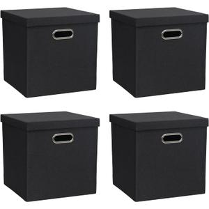 Storage Bins with Lids, Collapsible Linen Fabric Boxes Organizer Containers with Lid Foldable Storage Box Basket for Closet, Shelves, Home, Office, 12 x 12 x 12.4 Inch, 4 Pack, Black