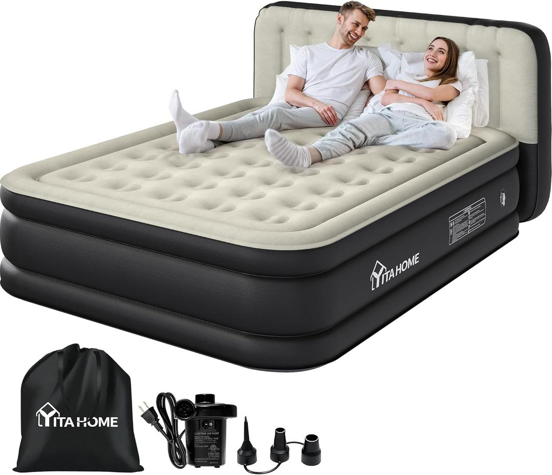 YITAHOME 18'' Flocked Top Queen Air Mattress with Built-in Pump and Headboard, Durable Inflatable Bed, Blow-Up Mattress for Indoor and Outdoor Use, Black