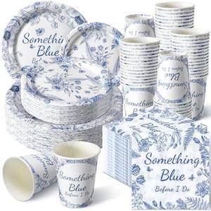 Zhehao 250 Pcs Something Blue Bridal Shower Plates Napkins Sets 50 Pcs 9'' Dinner Plates and 7'' Dessert Plate and 9oz Cups 100 Napkins Serves 50 Party Supplies Bridal Shower Engagement Decoration