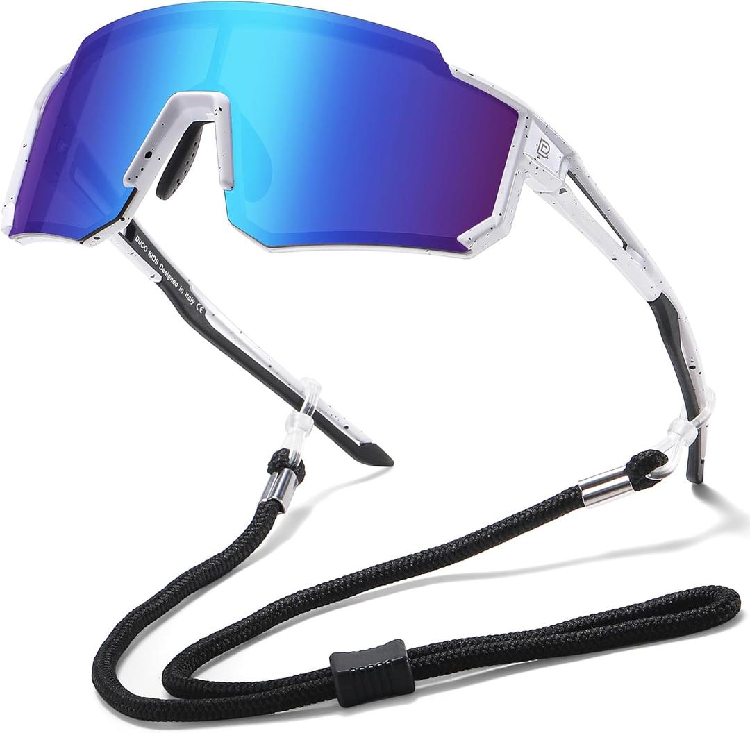 DUCO Polarized Kids Sunglasses Youth Sports Cycling Shades Lightweight Frame UV400 Child Boys Girls Baseball SunGlasses DK310 (01 White Black Frame Black Temple Revo Blue Lens)