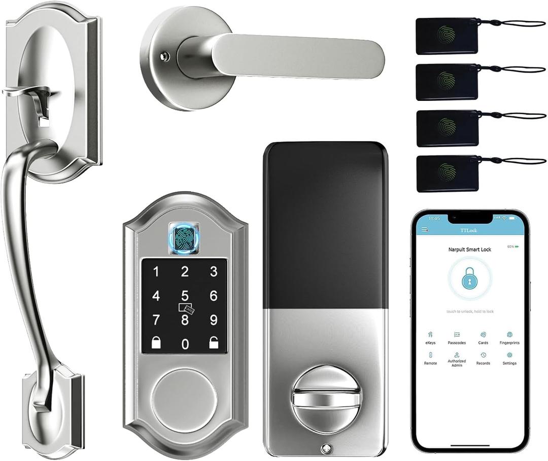 Smart Locks for Front Door,Keyless Entry Door Lock with Handle Set, Front Door Lock Set with APP Control, Fingerprint DoorLock with Deadbolt and Adjustable Lever, Satin Nickel