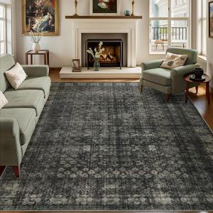 6x9 Vintage Washable Area Rug for Living Room,Low Pile Non Slip Carpet Non-Shedding Area Rug Soft Indoor Stain Resistant Rug Floral Print Mat for Bedroom Dining Room Black