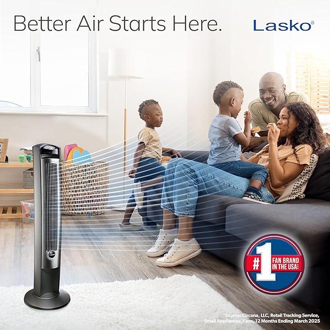Lasko Oscillating Tower Fan with Remote, Quiet Floor Fans for Bedroom, 42", Silver T42951