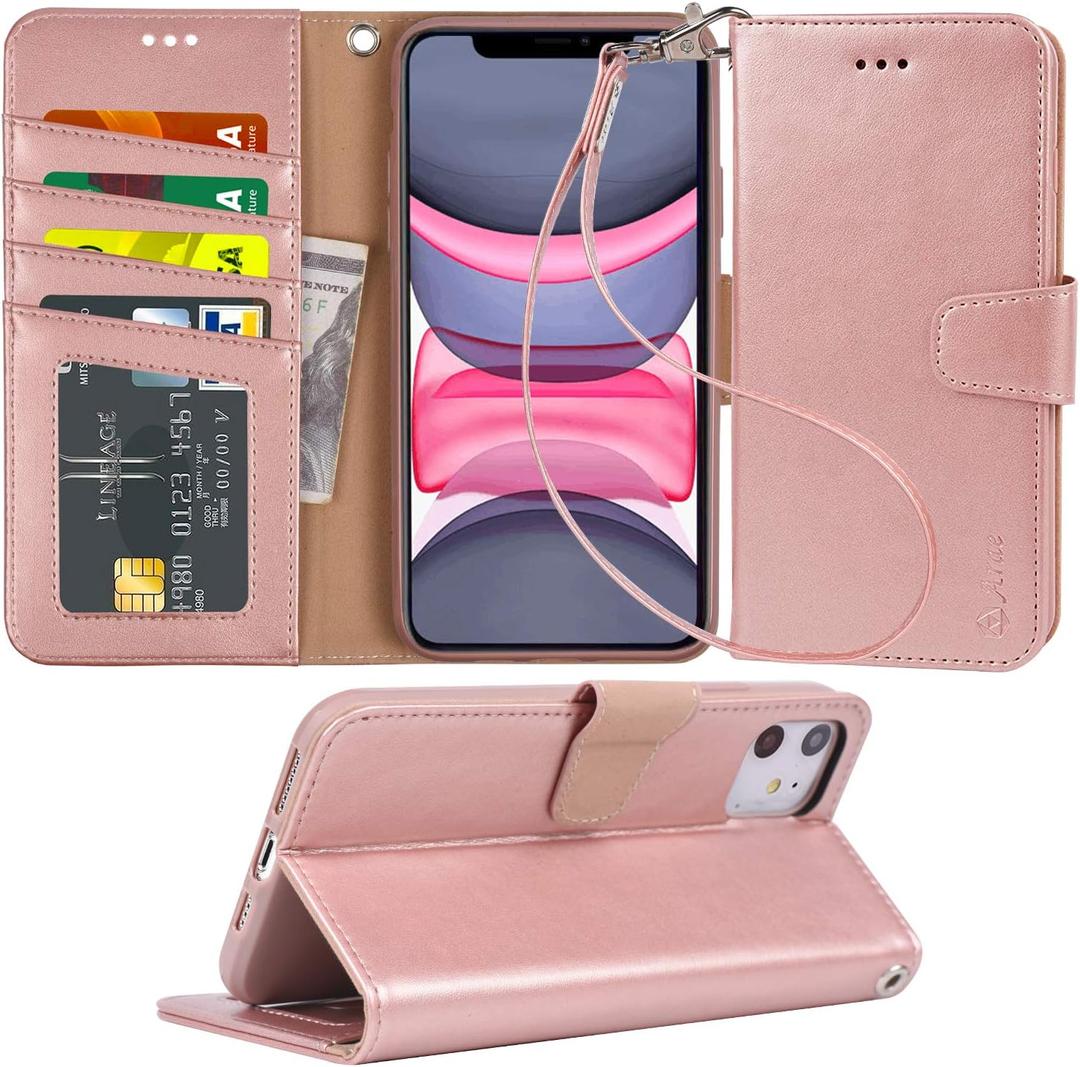 Arae Case for iPhone 11 Wallet Case Cover with Card Holder PU Leather with Wrist Strap and [4-Slots] ID&Credit Cards Pocket for iPhone 11 6.1 inch - Rosegold