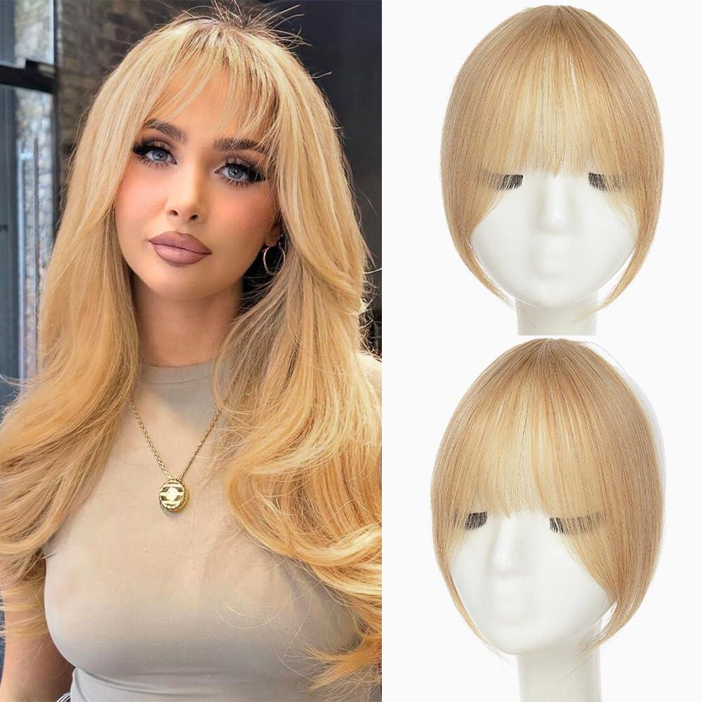 Clip in Bangs, 100% Real Human Hair French Fake Bangs Hair Clip for Women Ash Blonde Natural Curtain Fringe with Temples Hairpieces for Daily Wear(French,Ash Blonde)