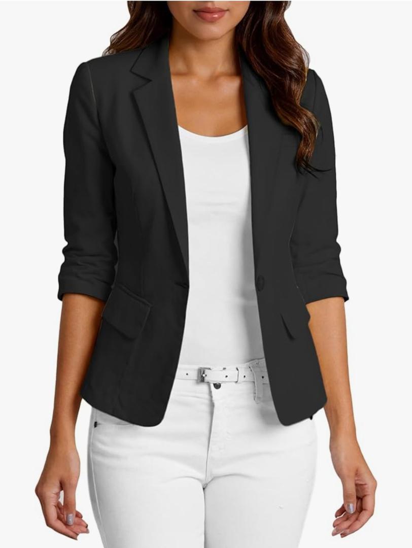 Mina Self 2026 Women's Summer 3/4 Sleeve Linen Blazer - Lightweight Breathable Fully-Lined Slim Office Jacket with Pockets, Small