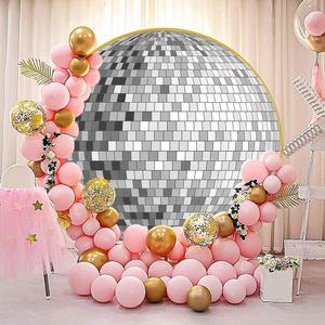 Silver Mirror Ball Round Backdrop Cover, 7.2ft Polyester 70s Disco Party Circle Backdrop, Chic Circular Dance Party Banner Decor Photo Booth Prop YMBXTPH156