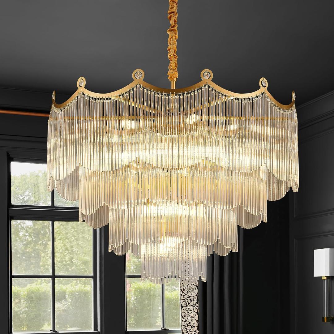 31.8" Large Modern Glass Gold Chandelier Light Fixture Luxury Glam 4-Tier Crystal Chandeliers for Dining Room 18-Light Round Hanging Ceiling Pendant Lighting for Living Room Bedroom Foyer