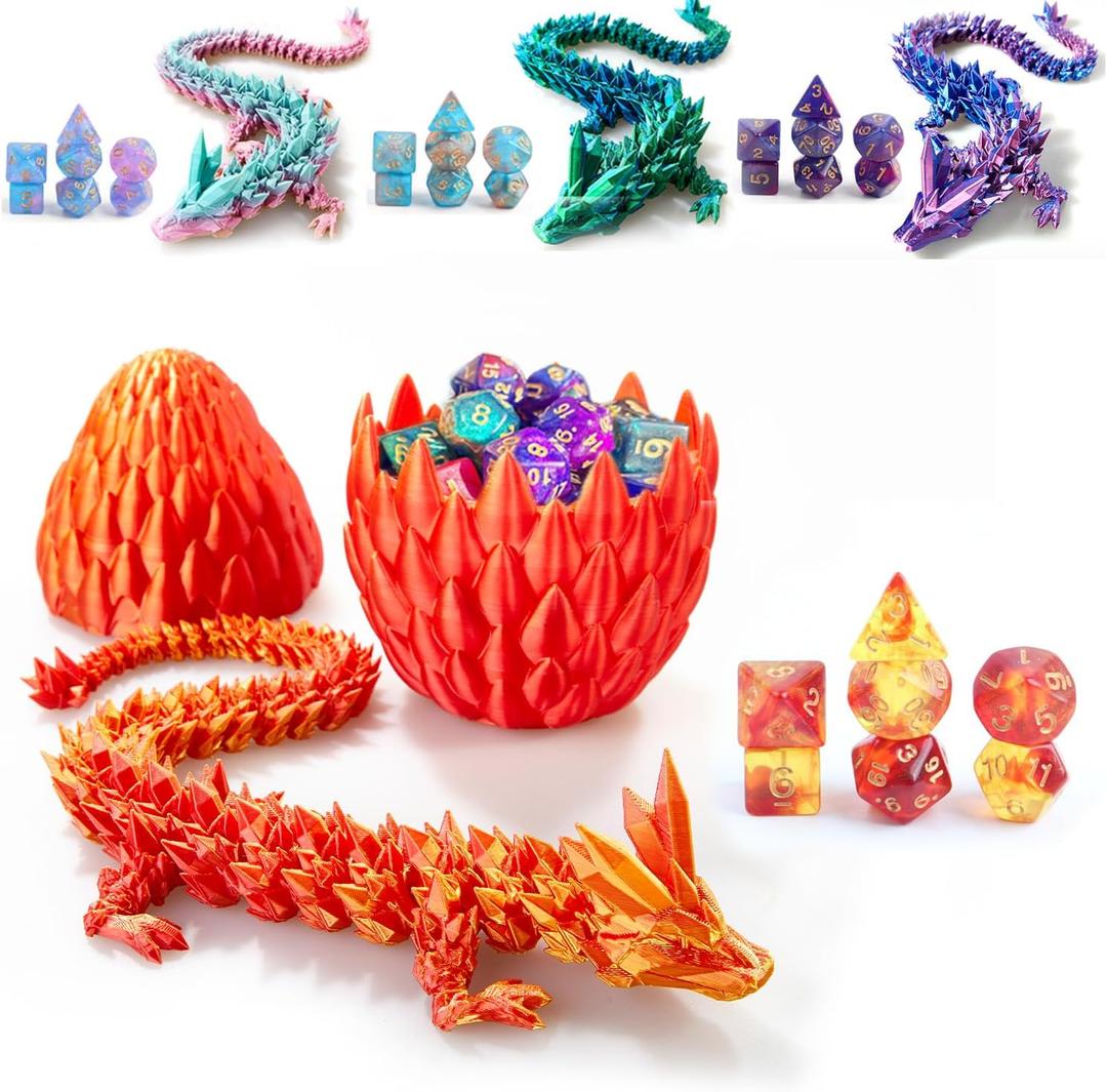 DND Dice Set (7 Pieces) and 3D Printed Dragon Egg (Red Gold)