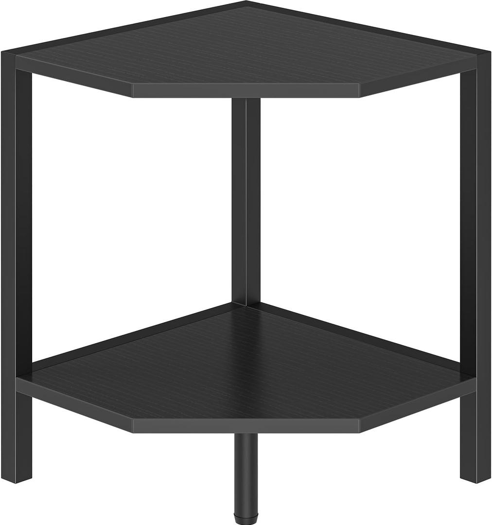 Corner Shelf Stand, 2 Tier Industrial Corner Bookshelf, Multipurpose Standing Corner Display Shelf Countertop Organizer for Living Room Kitchen Bedroom Office, Black