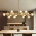 Glass Globe Sputnik Chandelier, 16-Light Mid Century Modern Light Fixture Over Table, Linear Chandeliers for Dining Room, Kitchen Island, Brass Gold and Amber Bubble, 40 Inch, GC-02