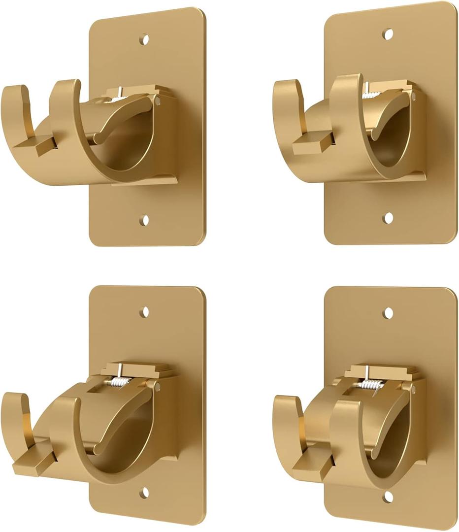 Set of 4 Self Adhesive Curtain Rod Bracket Universal Plastic Curtain Rod Holders, No Drill Curtain Rod Brackets Curtain Rod Hooks for Bathroom, Bedroom, Livingroom, Kitchen (Gold)