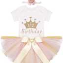 IDOPIP Birthday Outfit Girls Baby Strawberry Heart One Romper + Ruffle Tulle Skirt + Sequins Crown Headband 3PCS Clothes Set