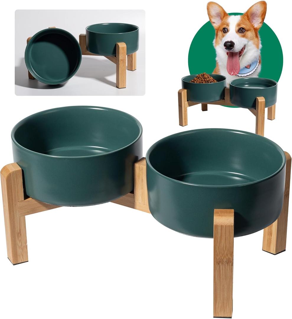 Elevated Ceramic Dog Bowl Set - Raised Dog Bowls with Non-Slip Bamboo Stand - Dog Food and Water Bowl Set - Double Dog Feeding Bowls - Suitable for Small and Medium Dogs - 28.74 OZ - 3.6 CUPS - 850 ML (Green)