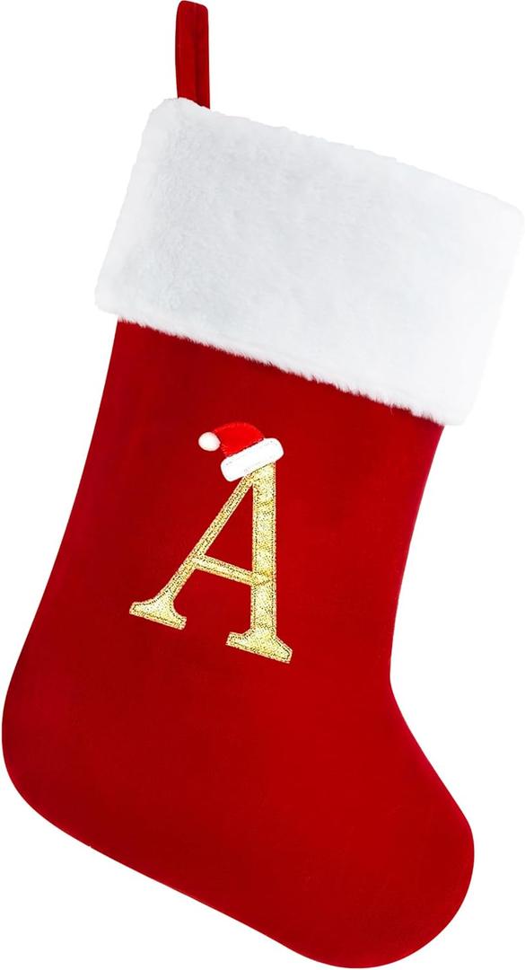 Personalized Christmas Stockings with Initials, 20 Inches Large Red Monogram Velvet Christmas Stocking with Super Soft Plush Cuff for Family Holiday Party Gifts, Xmas Tree and Fireplace Decor(A)