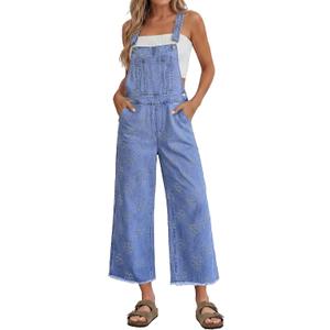 luvamia Denim Bib Overalls Women Wide Leg Capri Loose Fit Jean Jumpsuits for Women Casual Summer Stretchy Embroidered Overall Raw Hem Floral Medium Blue Small, US Size 4-6. S Size