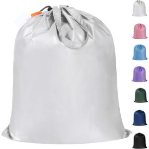 Polecasa Small Heavy Duty Laundry Bag with drawstring closure and Reinforced Handles, Easy to Carry Dirty Clothes Drawstring Bag for Travel, Camp 21x24, Silver