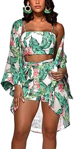 KEYUFANG Women 3 Piece Vocation Outfits Summer Suit Floral Kimono Cardigans Beach Cover Up Crop Cami Top Short Set L