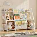 Kids Bookshelf and Toy Storage Organizer, Triangle Frame with Extra Wide 3-Tier Sling Pockets, Freestanding Montessori Book Display Rack for Toddler Room, Nursery, and Playroom, White