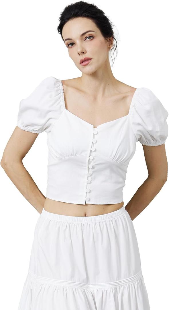 Cotton Crop Tops for Women Renaissance Puff Short Sleeve Button Down Blouse Going Out Shirt (Medium, White)