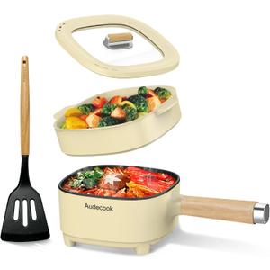 Audecook Hot Pot Electric 2L, Cermic Glaze Non-Stick Frying Pan 8 Inch, Portable Travel Cooker for Ramen/Steak/Fried Rice/Oatmeal/Soup, with Dual Power Control (Silicone Spatula Included)