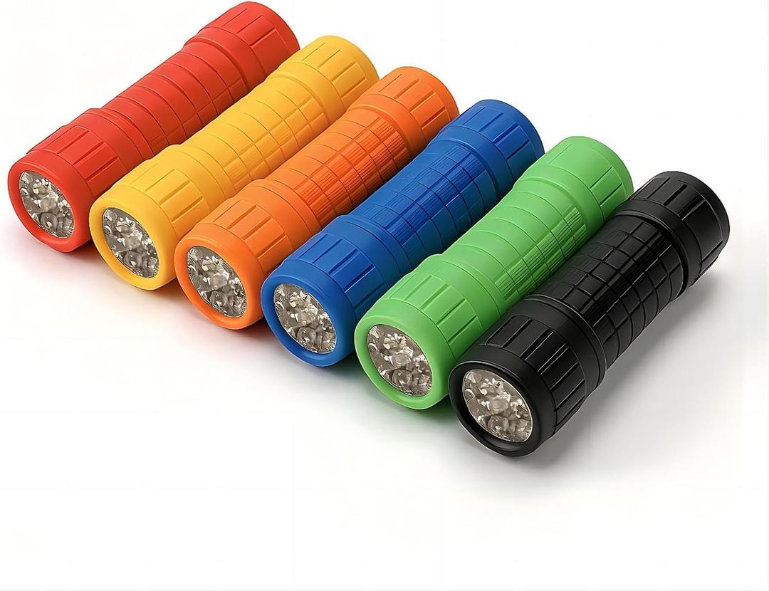 9-LED Mini Flashlight for Kids, 6 Pack Bright Small LED Flashlight Set, Bulk 6 Assorted Color Emergency Flashlight for Party, Adventure, Camping, Night Walk, Classroom Teaching, Batteries Included