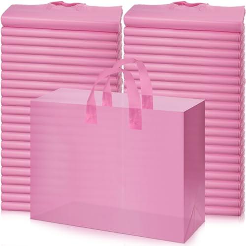 Patelai 200 Pack Frosted Plastic Gift Bags 16 x 6 x 12 Inches Clear Shopping Bags Bulk with Handles and Cardboard Bottom Boutique for Small Business Merchandise Retail Stores(Clear Pink)