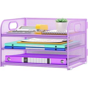 Cawukege 3 Tier Paper Organizer with Handle, Metal Desk Organizer Mesh Paper Letter Tray Desktop File Folder Document Sorter for Classroom, School, Office Accessories Storage (1, Purple)
