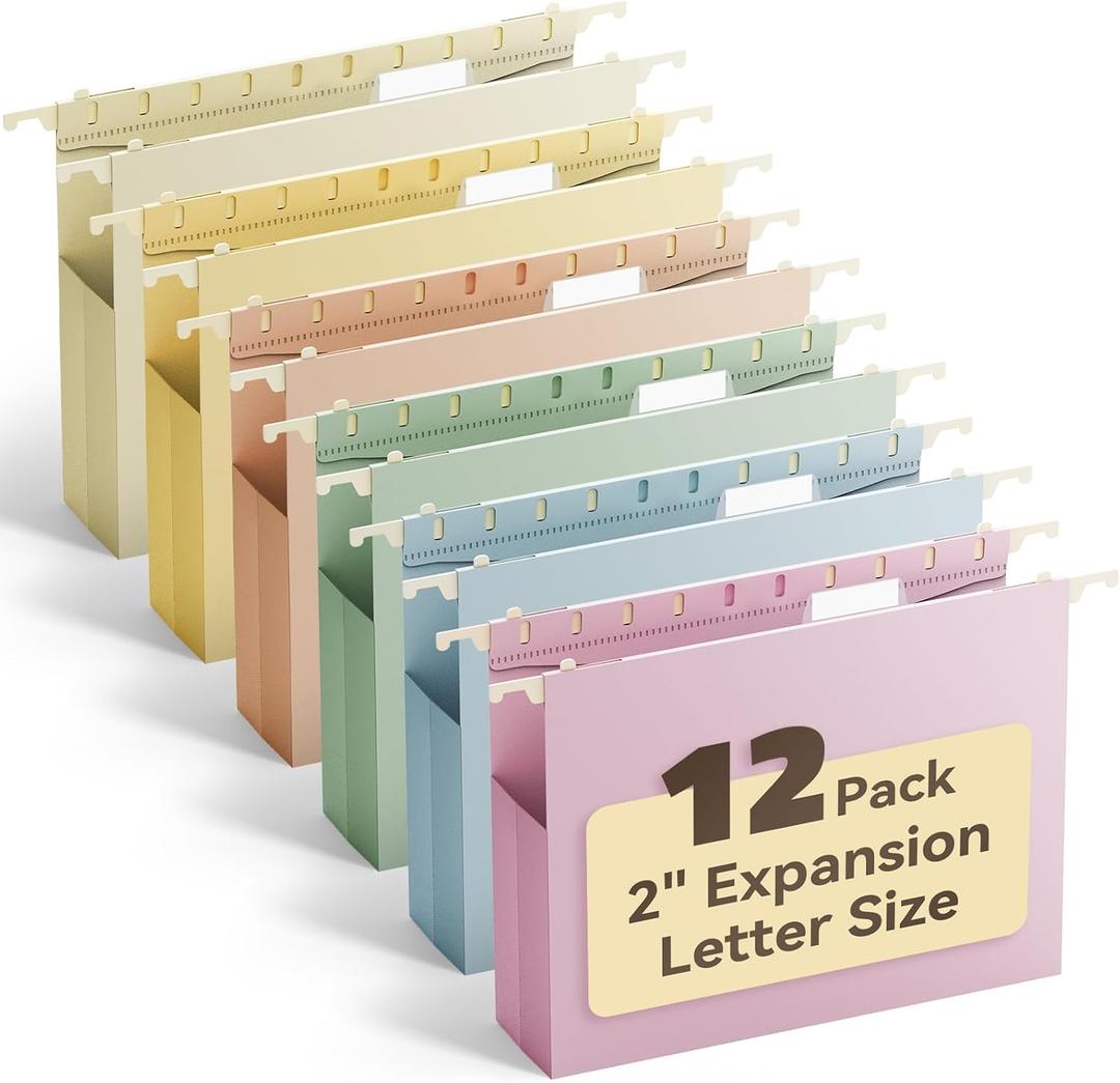 Ansook Letter Hanging File Folders Extra Capacity,Heavy Duty 2" Pastel Expandable Letter Size File Folder Hanging with Tabs,12 Pack Plastic File Cabinet Folders,Office School Hanging File Organizer