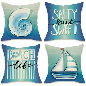 Fahrendom Summer Coastal Conch Decorative Throw Pillow Covers 18 x 18 Set of 4, Beach Life Salty But Sweet Porch Outdoor Pillowcase, Blue Nautical Sailboat Spring Seasonal Cushion Case Home Decor