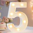 Pooqla Decorative LED Light Up Number Letters, White Plastic Marquee Lights Sign Party Wedding Decor, Battery Operated (5)