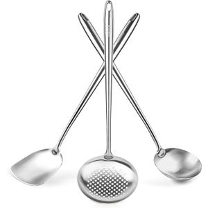 Yosukata 17" Wok Spatula and Ladle Skimmer Spoon - Stainless Steel Cooking Utensils Set of 3-304 Stainless Steel Kitchen Utensils Set - Dishwasher Safe Wok Accessories - Wok Utensils - Cooking Tools