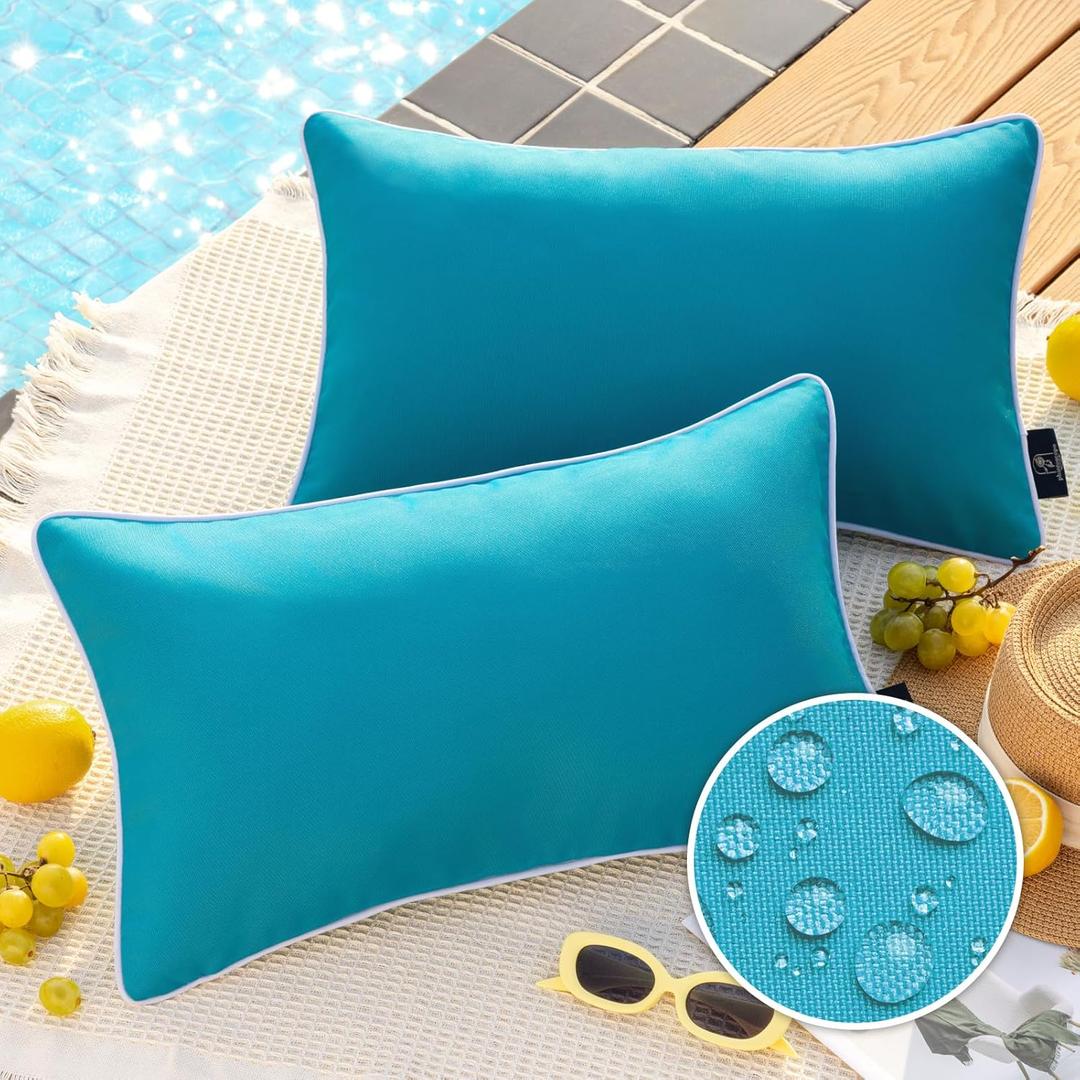 2 x Phantoscope Pack of 2 Outdoor Waterproof Solid Throw Decorative Pillow Cover Decorative Square Outdoor Pillows Cushion Case Patio Pillows for Couch Tent Sunbrella, Teal Blue 12x20 inches 30x50 cm