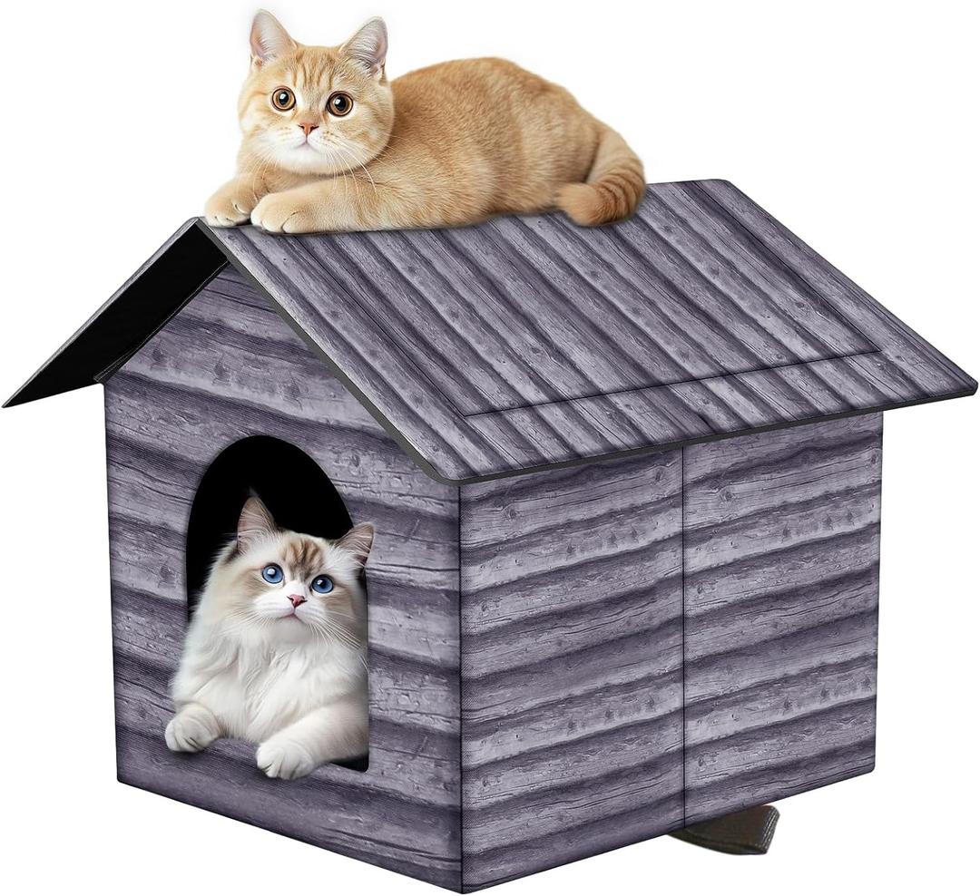 Outdoor Cat House Cat House for Outdoor and Indoor Use - Waterproof Shelter for Cats, Dogs, and Feral Animals (Grey Wood Color, Large)