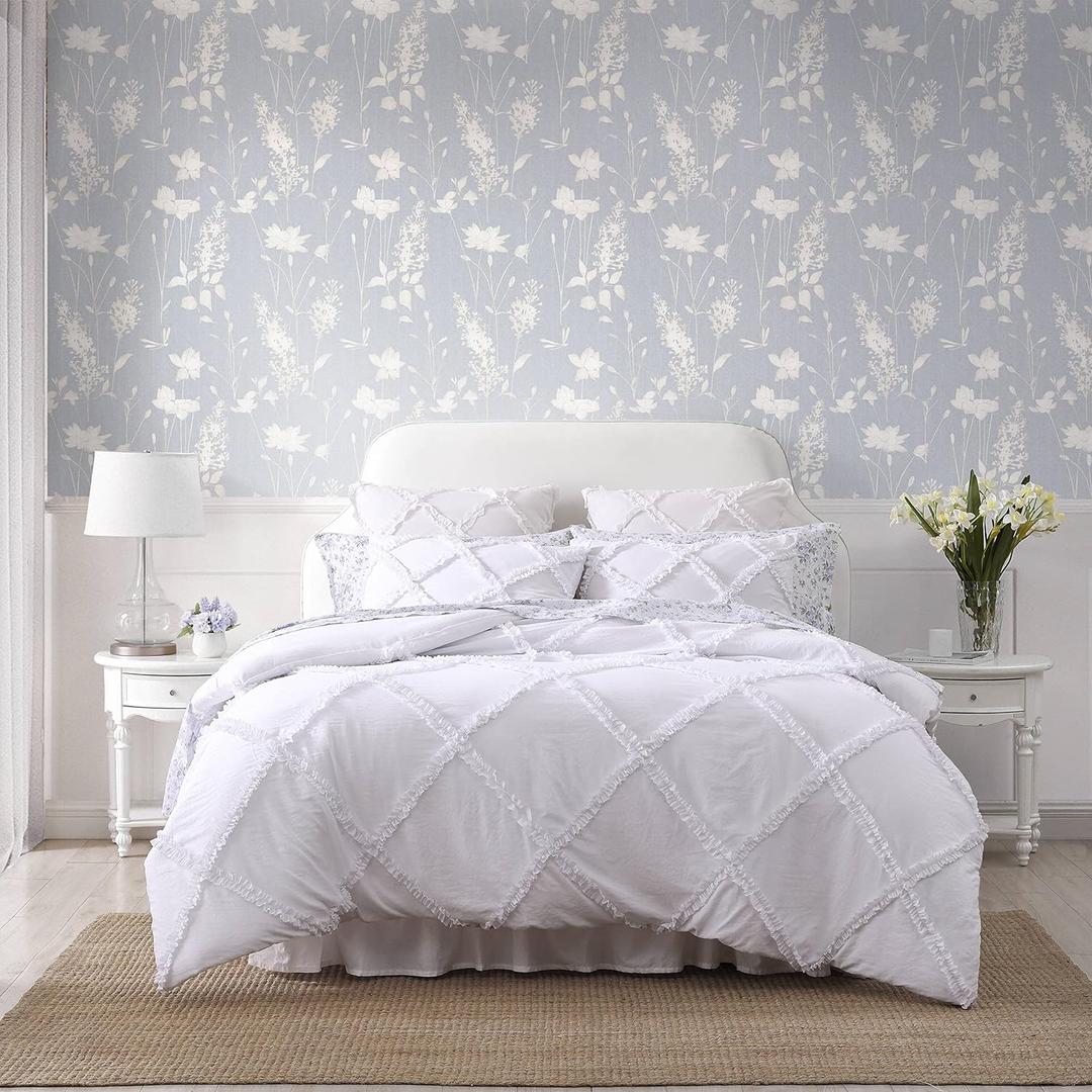 Laura Ashley - Twin XL Comforter Set, Reversible Bedding Set with Matching Sham, Dorm Essentials (Norah Solid White)