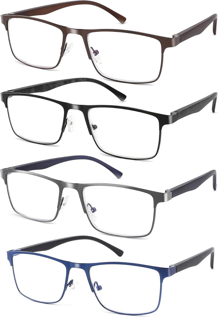 4-Pack Blue Light Blocking Reading Glasses for Men Stylish Metal Frame Readers with Comfort Spring Hinges Anti Glare UV Filter Eyeglasses, +2.75 STRENGTH