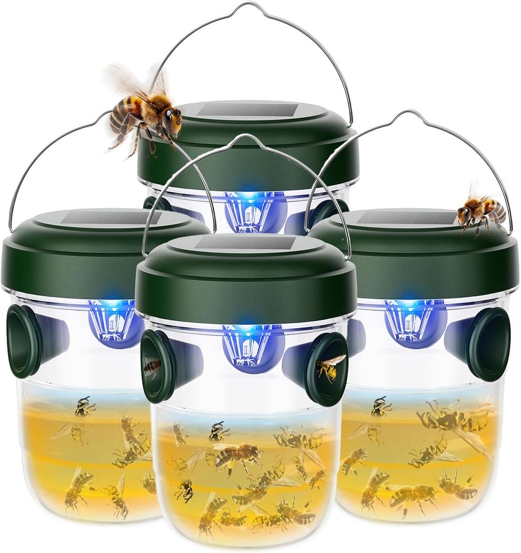 Wasp Traps Outdoor Hanging 4 Packs, Solar Powered Carpenter Bee Trap Yellow Jacket Hornet Catcher with LED Light, Reusable Wasp Deterrent Outdoor for Garden, Patio, Backyard, Camping