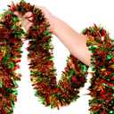 50Ft Red Gold Green Christmas Garland Decorations,Xams Tinsel Stems Twist Garland Decor for Tree Stairs Railing Front Door Mantle Fireplace Indoor Outdoor Holiday Home
